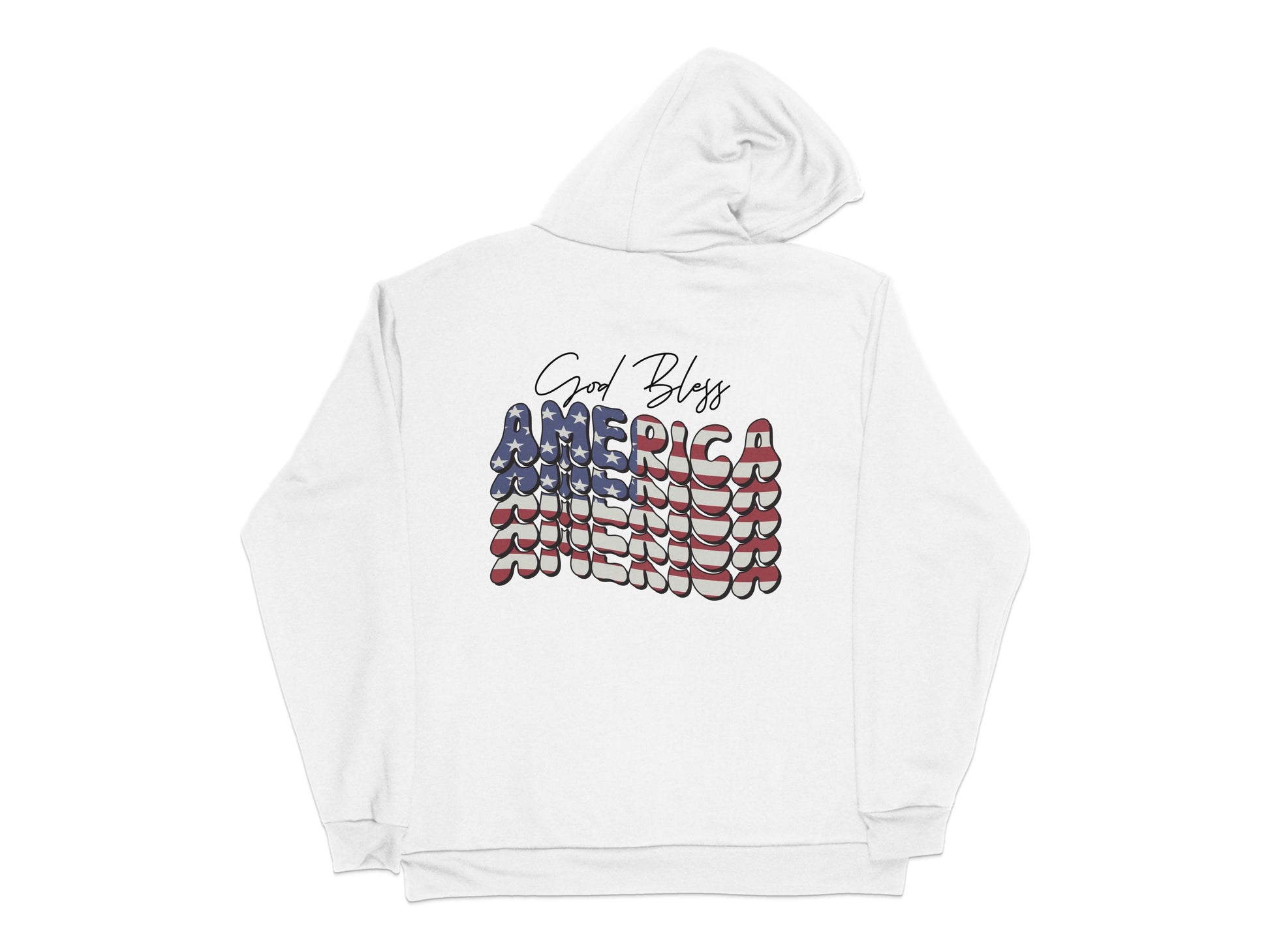 Graphic Hoodie God Bless America Patriotic USA Flag Design Unisex Sweatshirt White