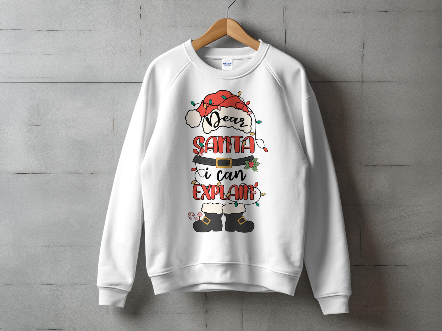 Christmas Sweatshirt, Dear Santa I Can Explain, Cute Holiday Pullover, Festive Graphic Top, Cozy Winter Apparel for Adults