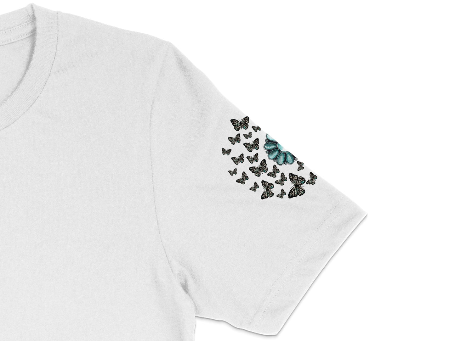 Women's White T-Shirt with Turquoise Butterfly Print, Casual Graphic Tee, Summer Fashion Top, Butterfly Lover Gift