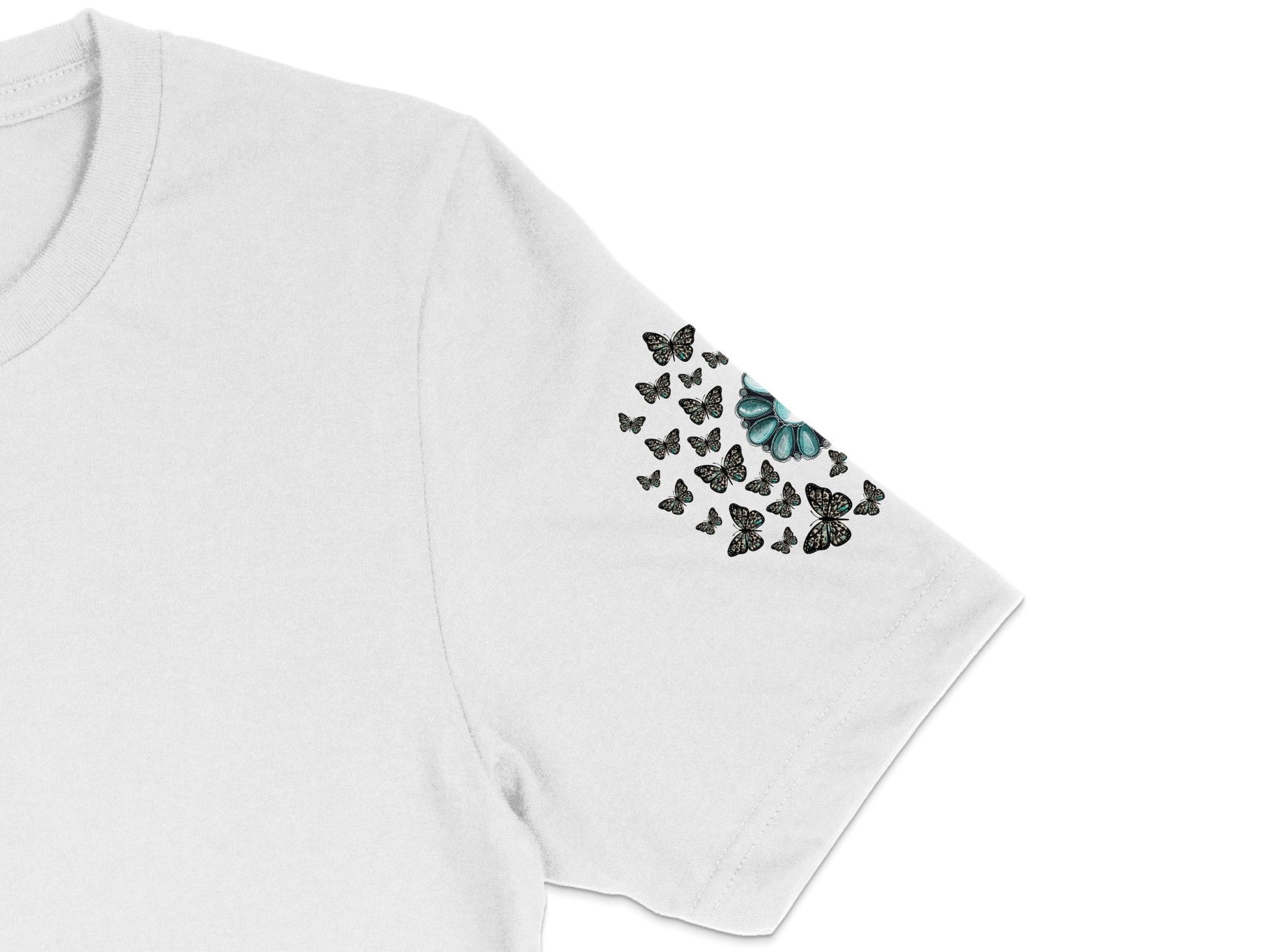 Women's White T-Shirt with Turquoise Butterfly Print, Casual Graphic Tee, Summer Fashion Top, Butterfly Lover Gift