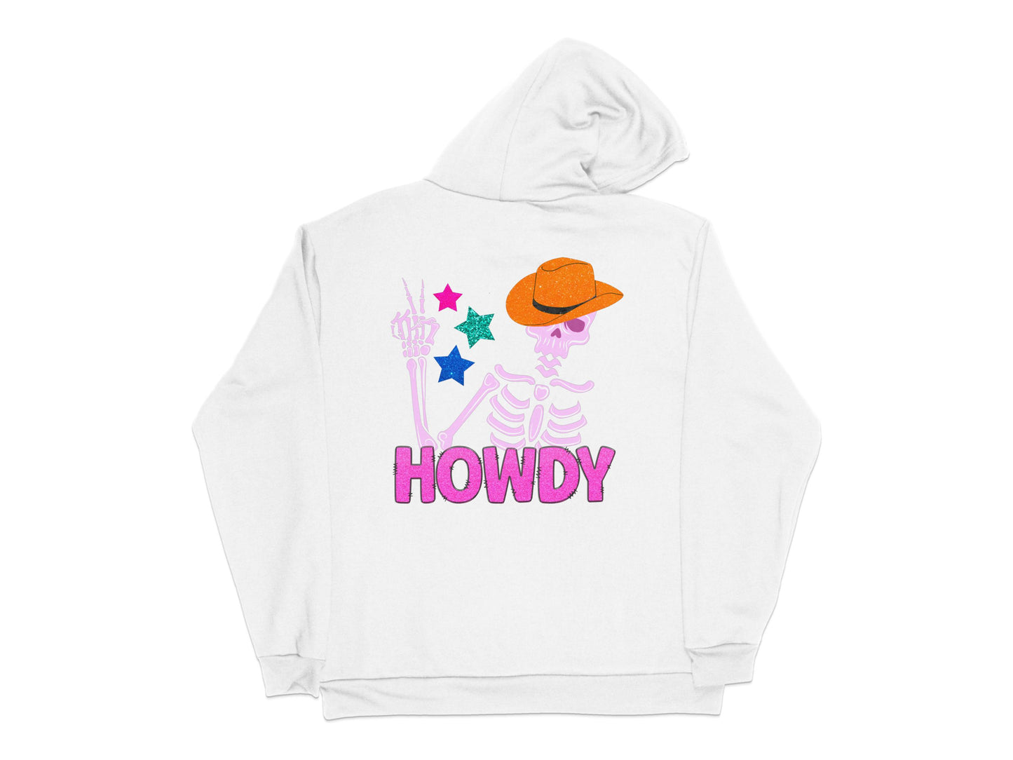 Skeleton Cowboy Hoodie, Unisex Howdy Back Print, White Pullover with Pink and Orange Graphic Design, Casual Wear