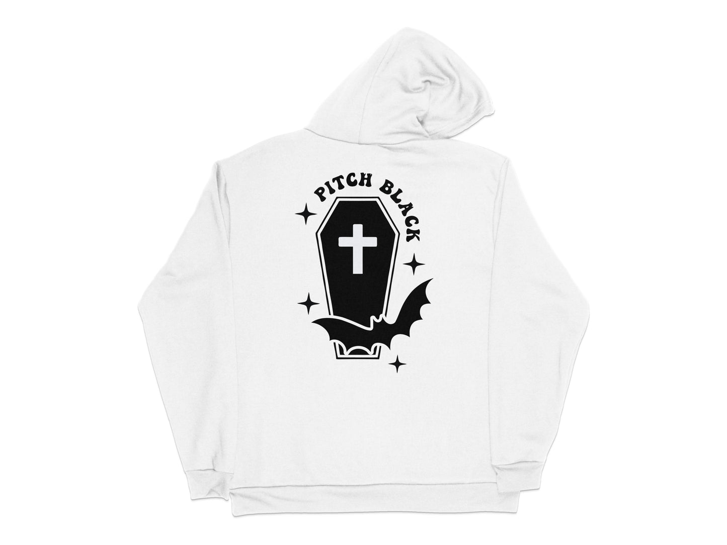 Gothic Hoodie, Pitch Black Coffin Design, Unisex White Sweatshirt with Bat Motif