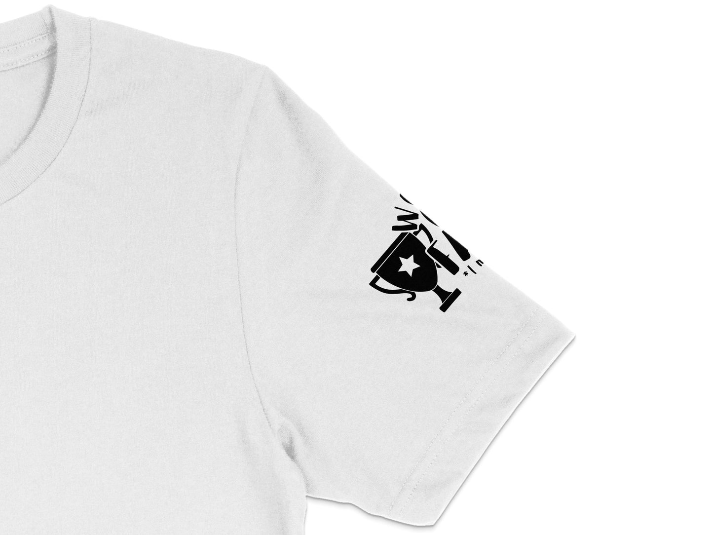 White Graphic T-Shirt with Black Logo Design, Unisex Short Sleeve Casual Tee, Trendy Star and Arrow Print Shirt