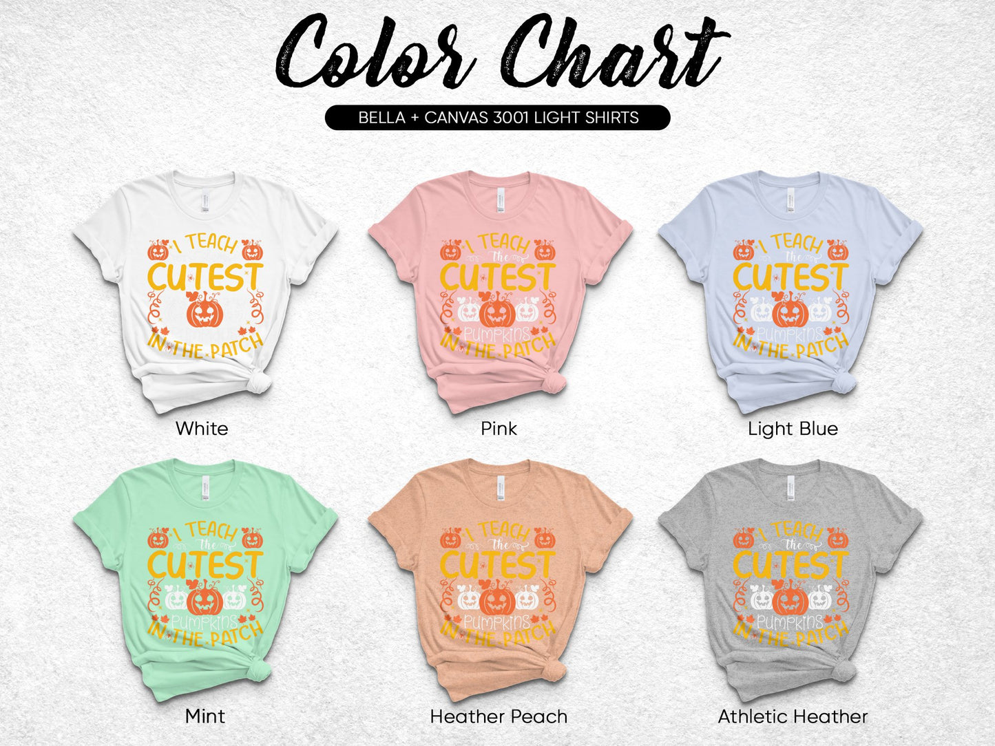 Bella Canvas 3001 Cute Tea Shirt Color Chart, Light Blue Pink Mint Heather Peach Options