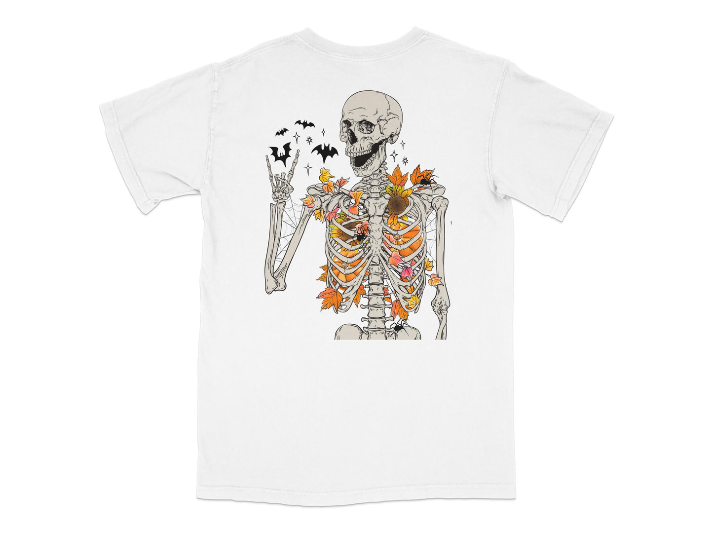 Skeleton Graphic T-Shirt, Halloween Skeleton Tee, Autumn Leaves and Bats Design, Unisex White Shirt