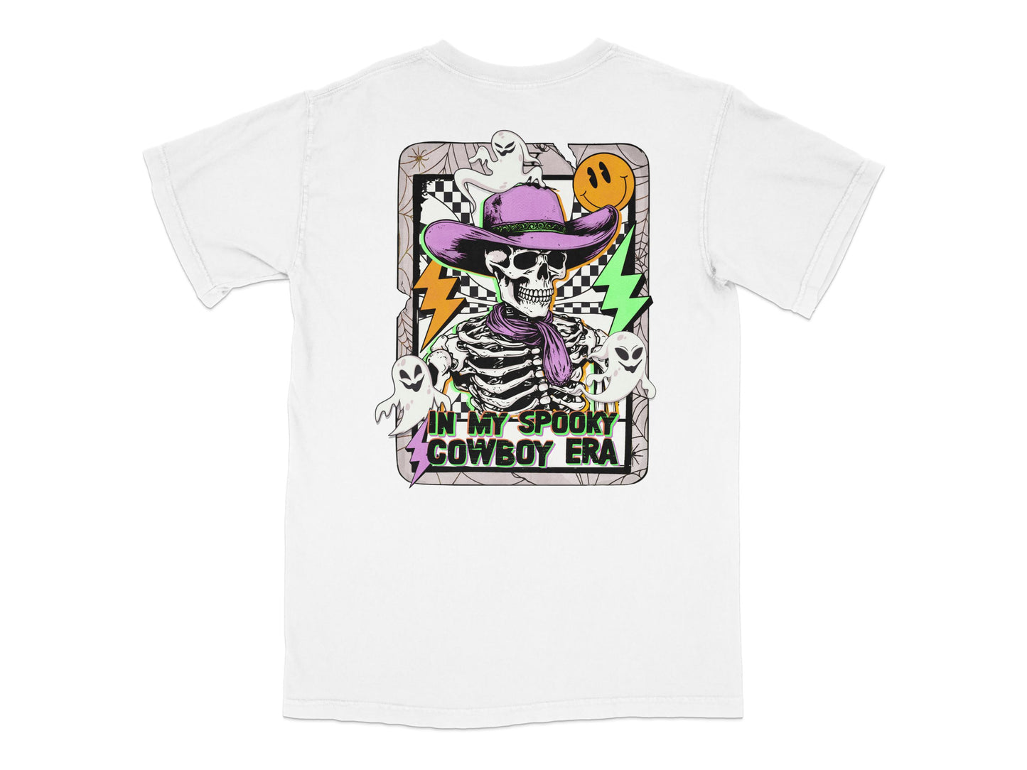 Spooky Cowboy Era T-Shirt, Halloween Skeleton Graphic Tee, Unisex White Shirt with Purple Hat