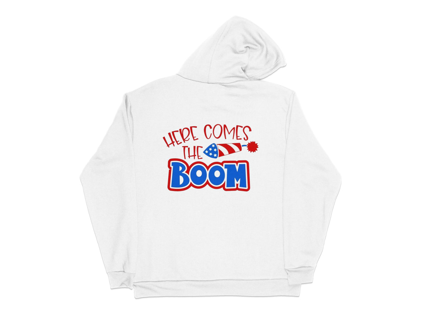 White Hoodie with 'Here Comes the Boom' Graphic, Patriotic Casual Wear, Unisex Sweatshirt for All Seasons