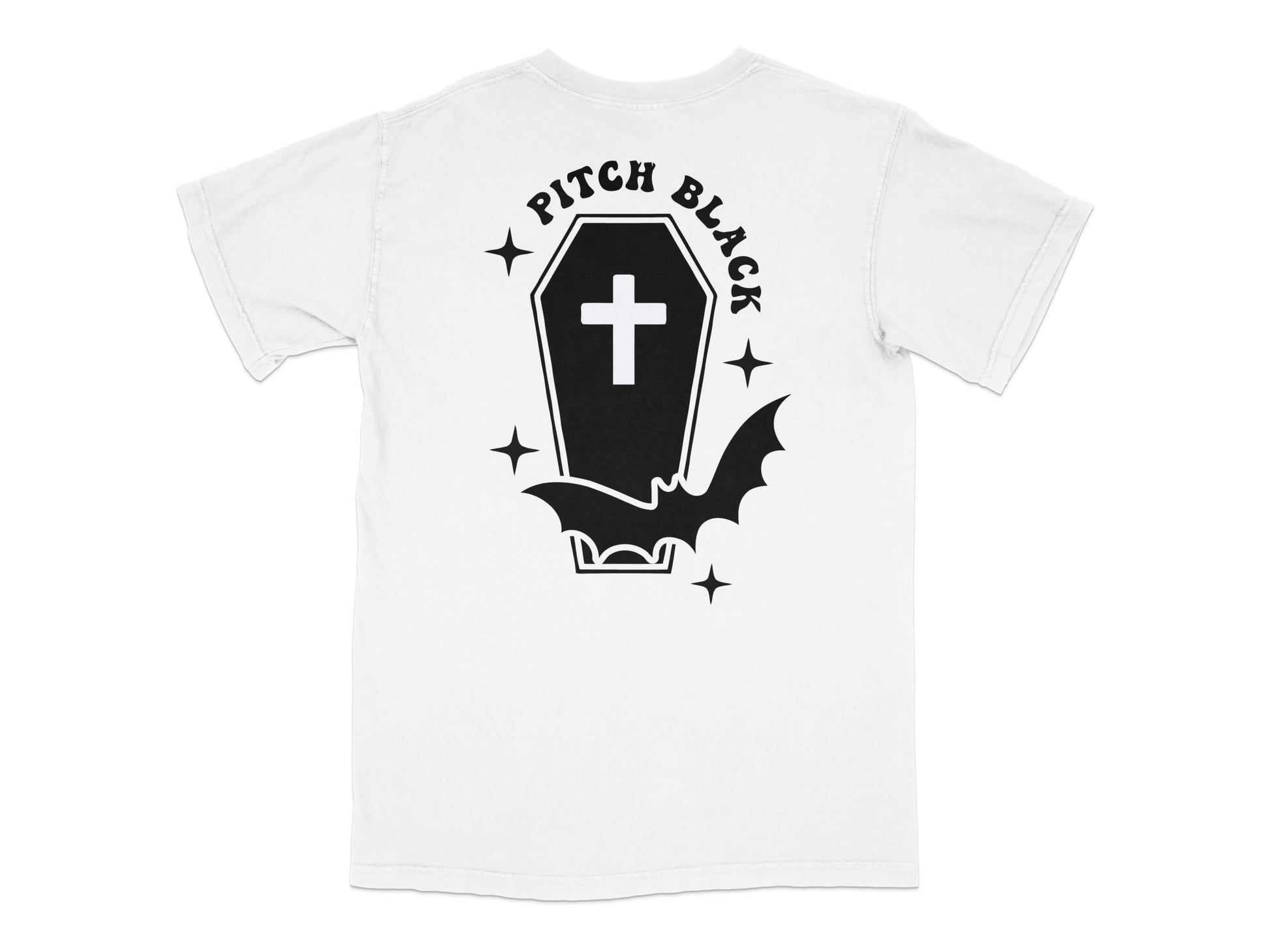 Gothic Pitch Black Coffin and Bat Design White T-Shirt, Unisex Graphic Tee for Halloween and Casual Wear