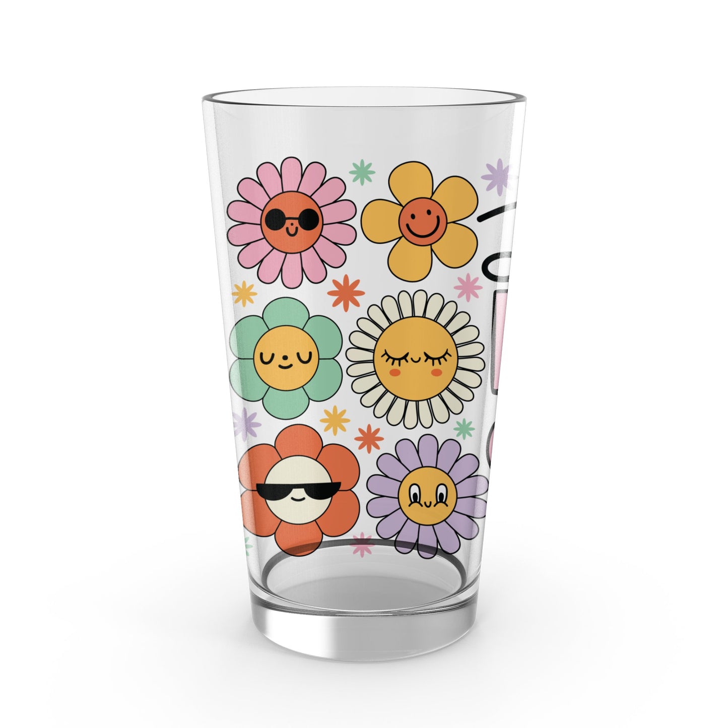 Colorful Floral Smiley Face Glass Tumbler, Cute Cartoon Flowers Drinking Glass, Unique Gift Idea