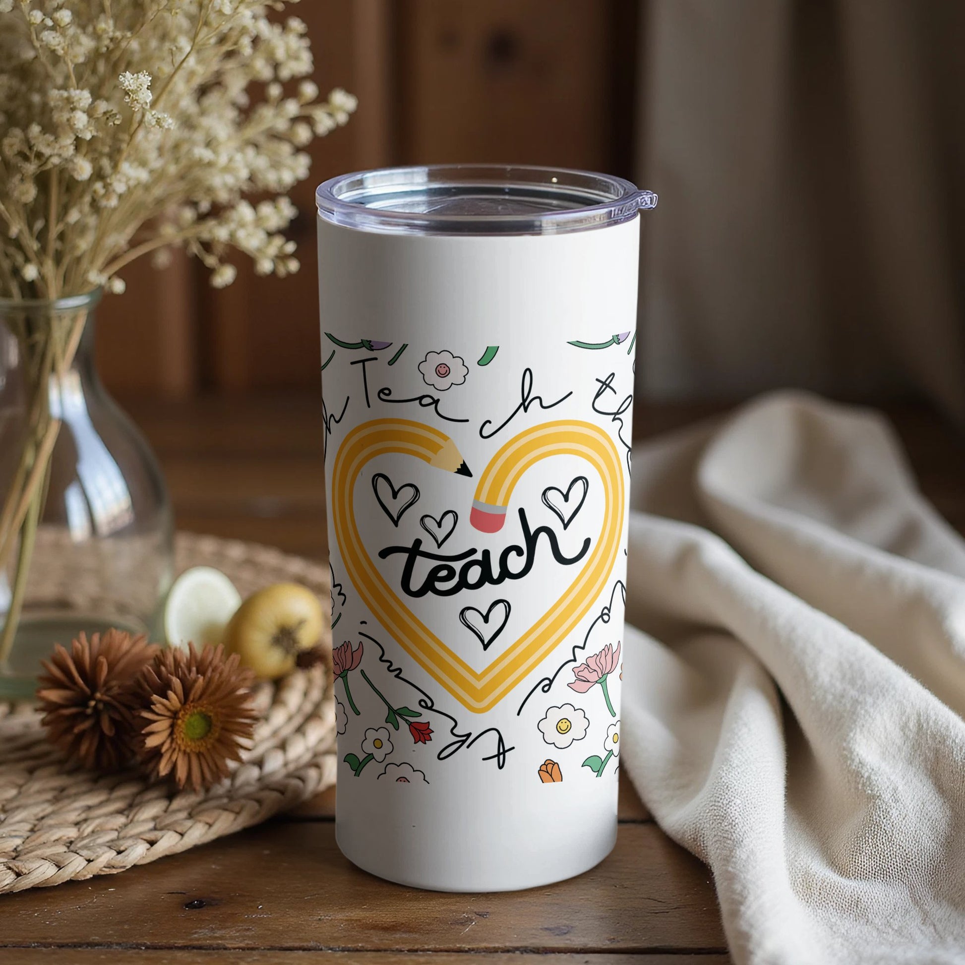 Teacher Appreciation Gift, Floral Heart Insulated Tumbler, Teach Love Inspire Design, 20 oz Stainless Steel Travel Mug
