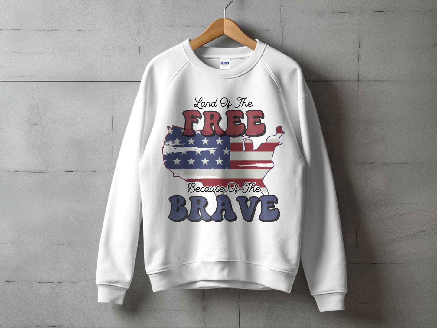 Patriotic Sweatshirt 'Land of the Free Because of the Brave' USA Flag Design, Unisex White Pullover