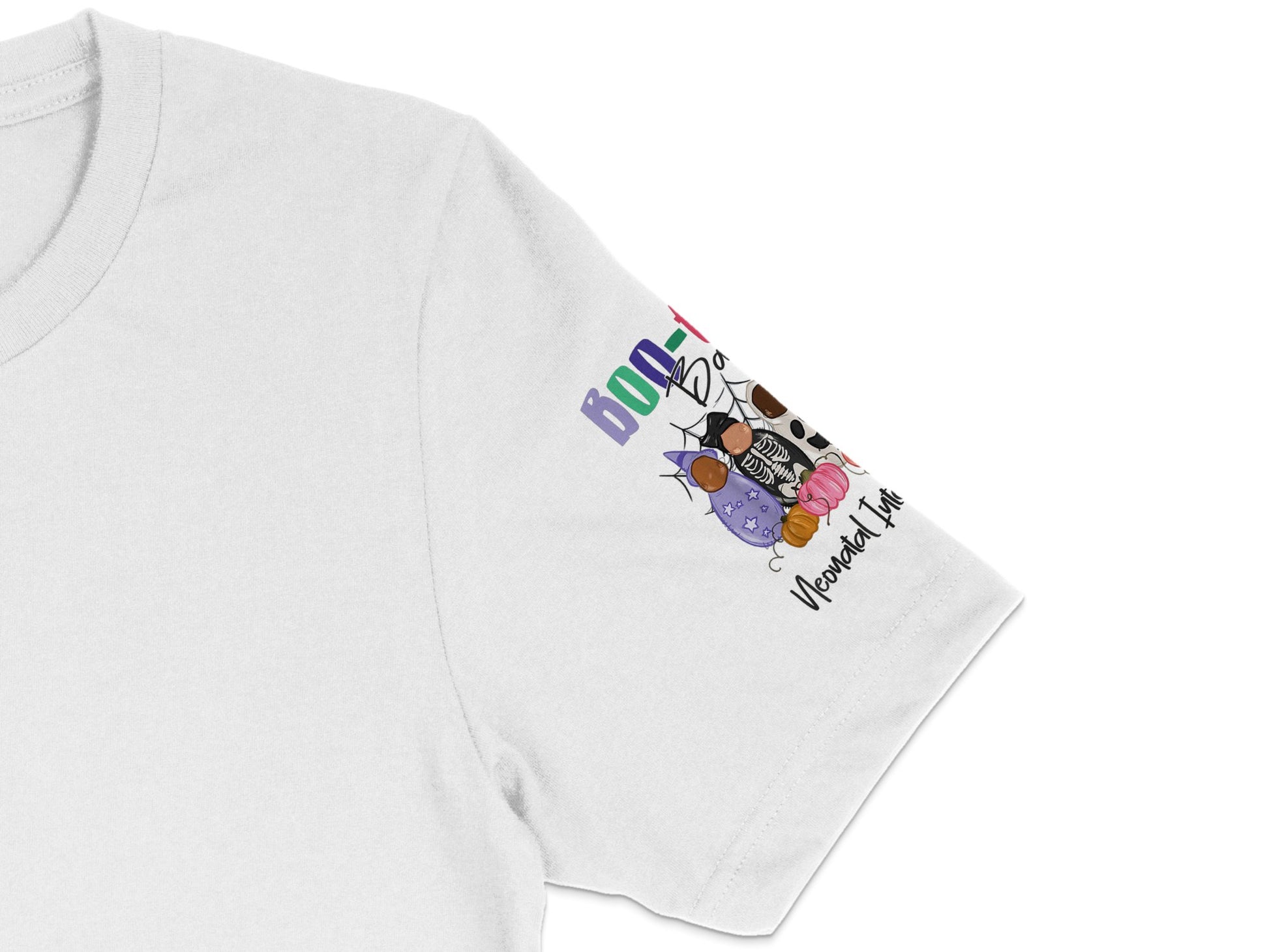 White T-Shirt with Colorful Boho Sleeve Print, Casual Women's Fashion Top, Unique Graphic Tee Design for Her