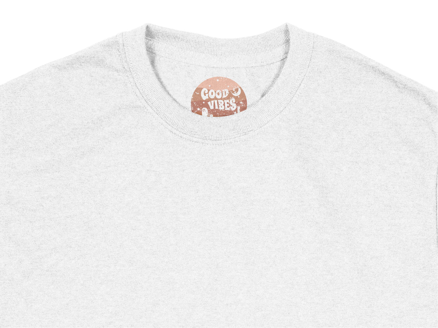 Good Vibes Only Round Sticker, Minimalist T-Shirt, Positive Message, Casual Wear, Unisex Grey Tee, Gift Idea