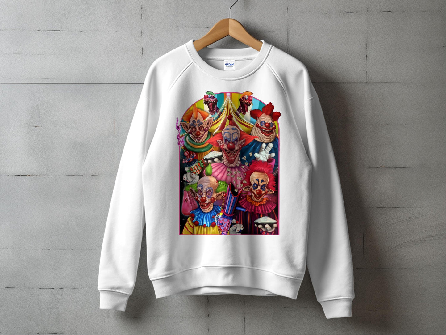 Colorful Clown Print Sweatshirt, Unisex Graphic Pullover, Vibrant Circus Theme Top, Casual Streetwear