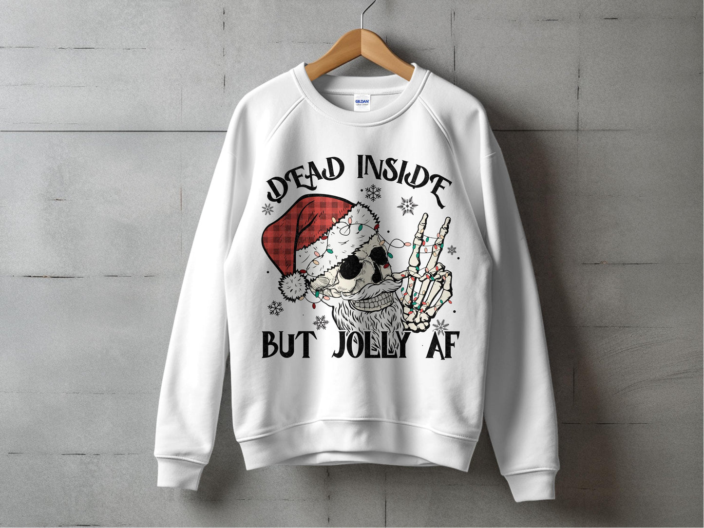 Dead Inside But Jolly AF Christmas Sweatshirt, Skull Santa Hat Holiday Apparel, Festive Winter Clothing, Unisex Skull Graphic Pullover