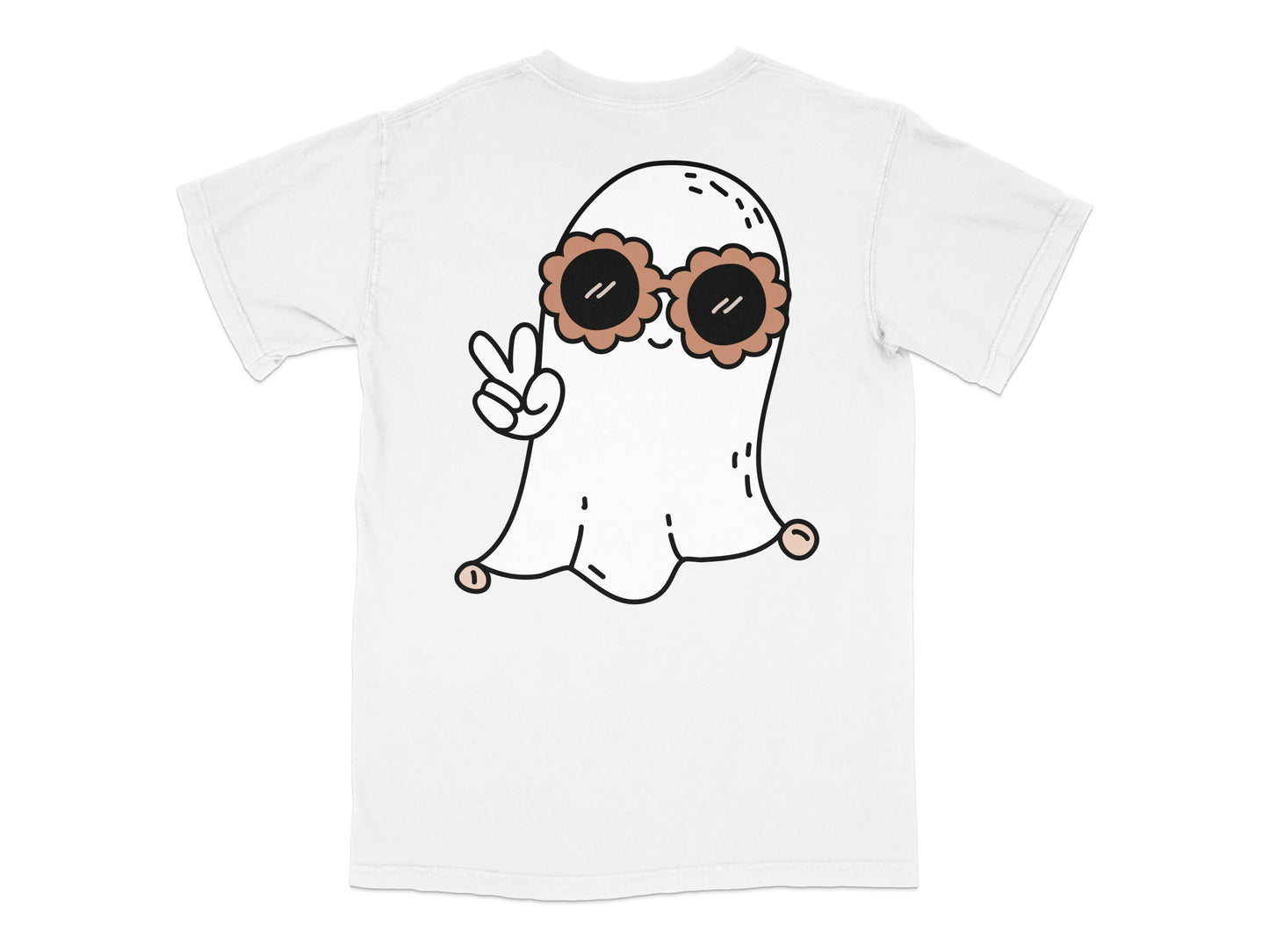 Cute Cartoon Ghost T-Shirt, Funny Peace Sign Graphic Tee, Unisex White Shirt Casual Wear