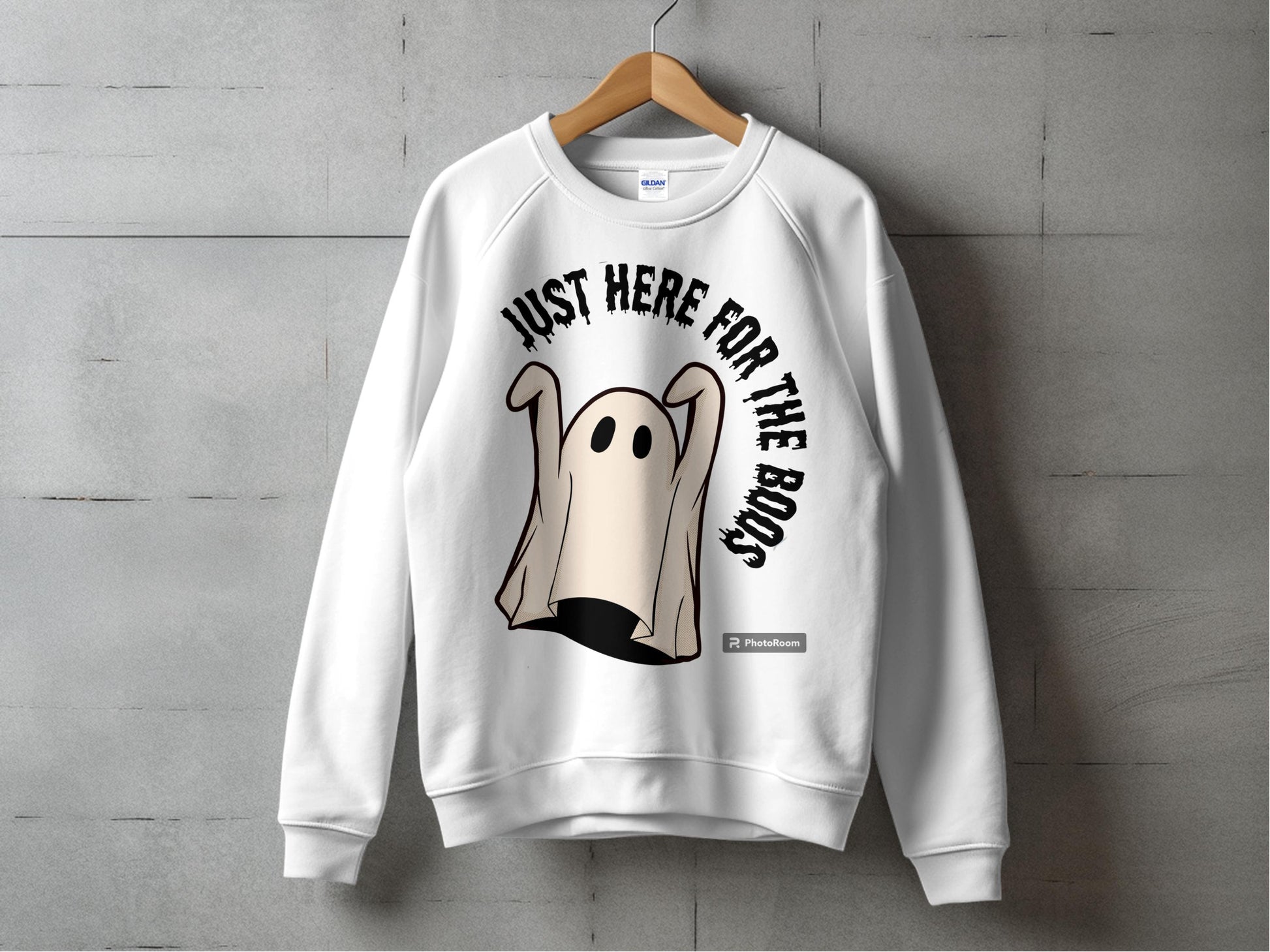 Cute Ghost Sweatshirt, 'Just Here for the Boos' Funny Halloween Crewneck, Unisex Fall Fashion Pullover
