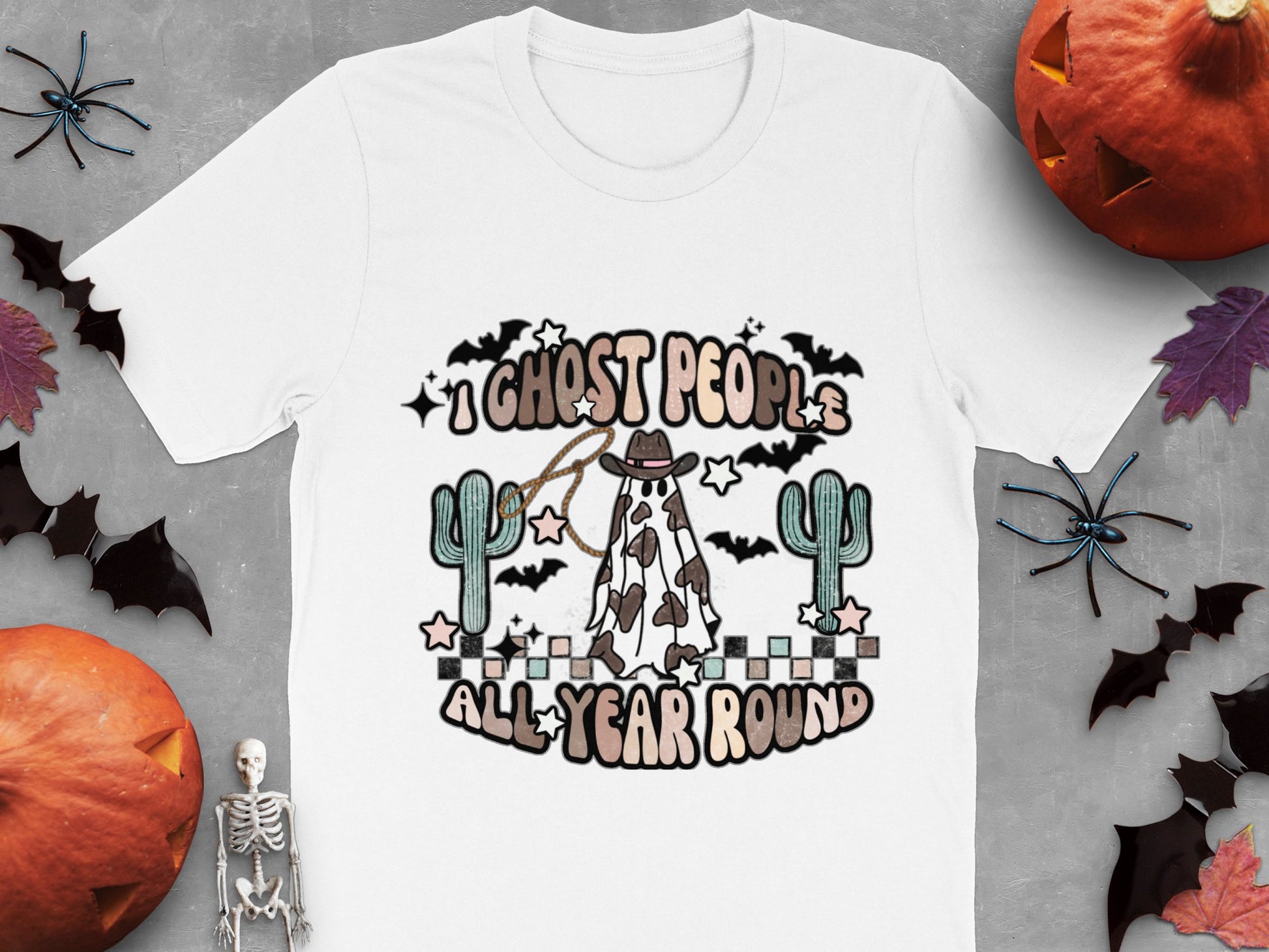 Ghost People All-Year Round T-Shirt, Halloween Cactus Skeleton Design, Unisex Cotton Tee