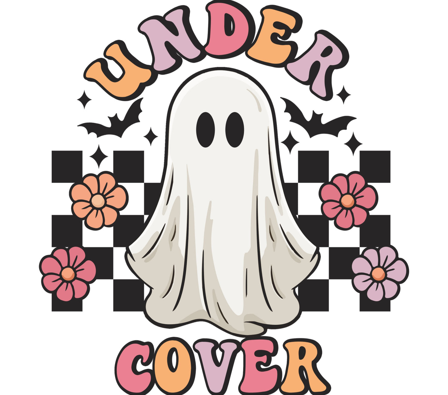 Cute Ghost Under Cover Graphic T-Shirt, Spooky Cartoon Ghost, Floral Checkerboard Pattern, Halloween Tee