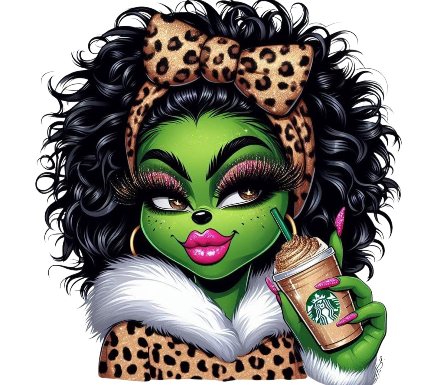 Leopard Bow Green Monster Character Sipping Coffee Art Print, Curly Hair Feminine Wall Decor