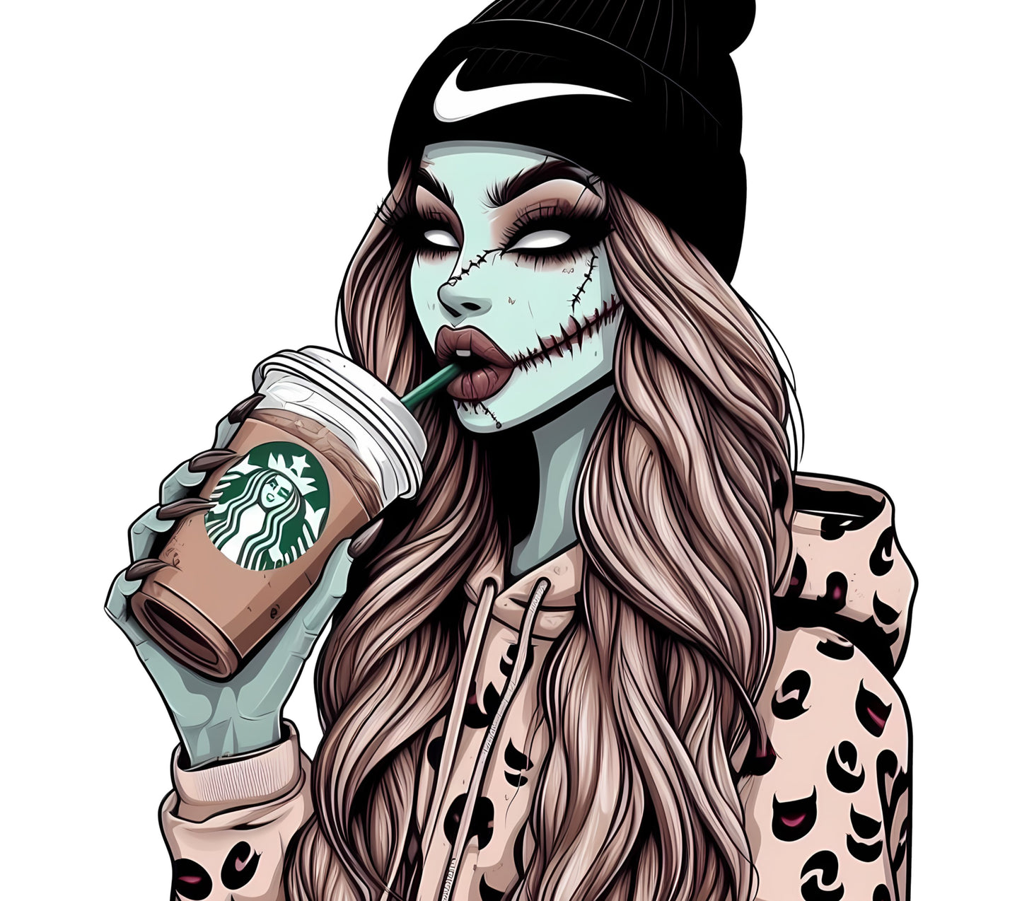 Zombie Girl Coffee Lover Art Print, Modern Quirky Illustration, Unique Home Decor Wall Hanging