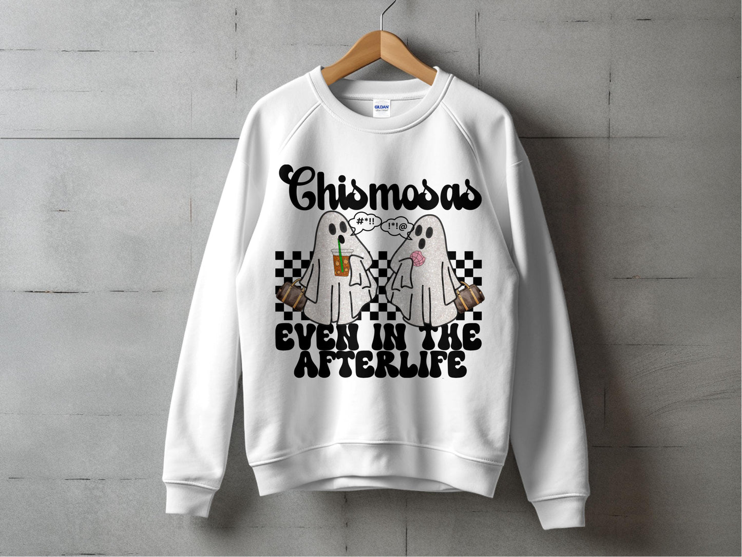 Christmas Sweatshirt, Ghostly Celebration, Even in the Afterlife, Cozy Winter Apparel, Unisex White Pullover