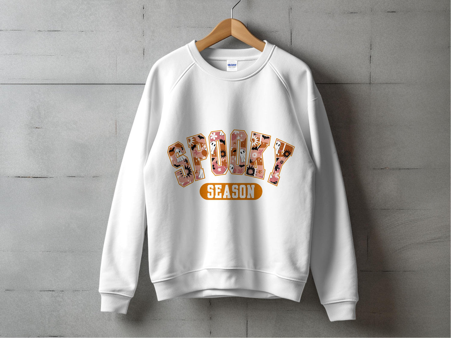 Spooky Season Sweatshirt, Halloween Crewneck, White Fall Pullover, Unisex Autumn Top, Casual Comfortable Apparel, Trendy Design Sweat