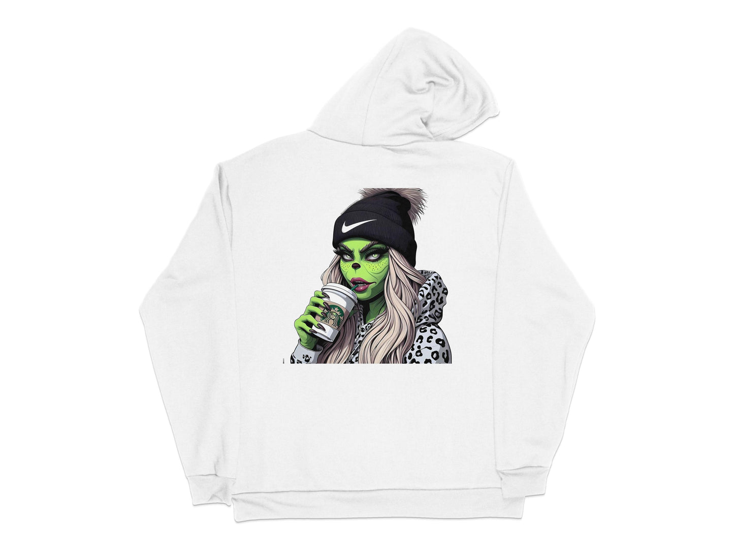 Trendy Witchy Graphic Hoodie, Green Witch Drinking Coffee, Casual Streetwear, Unique Illustration Pullover Hoodie