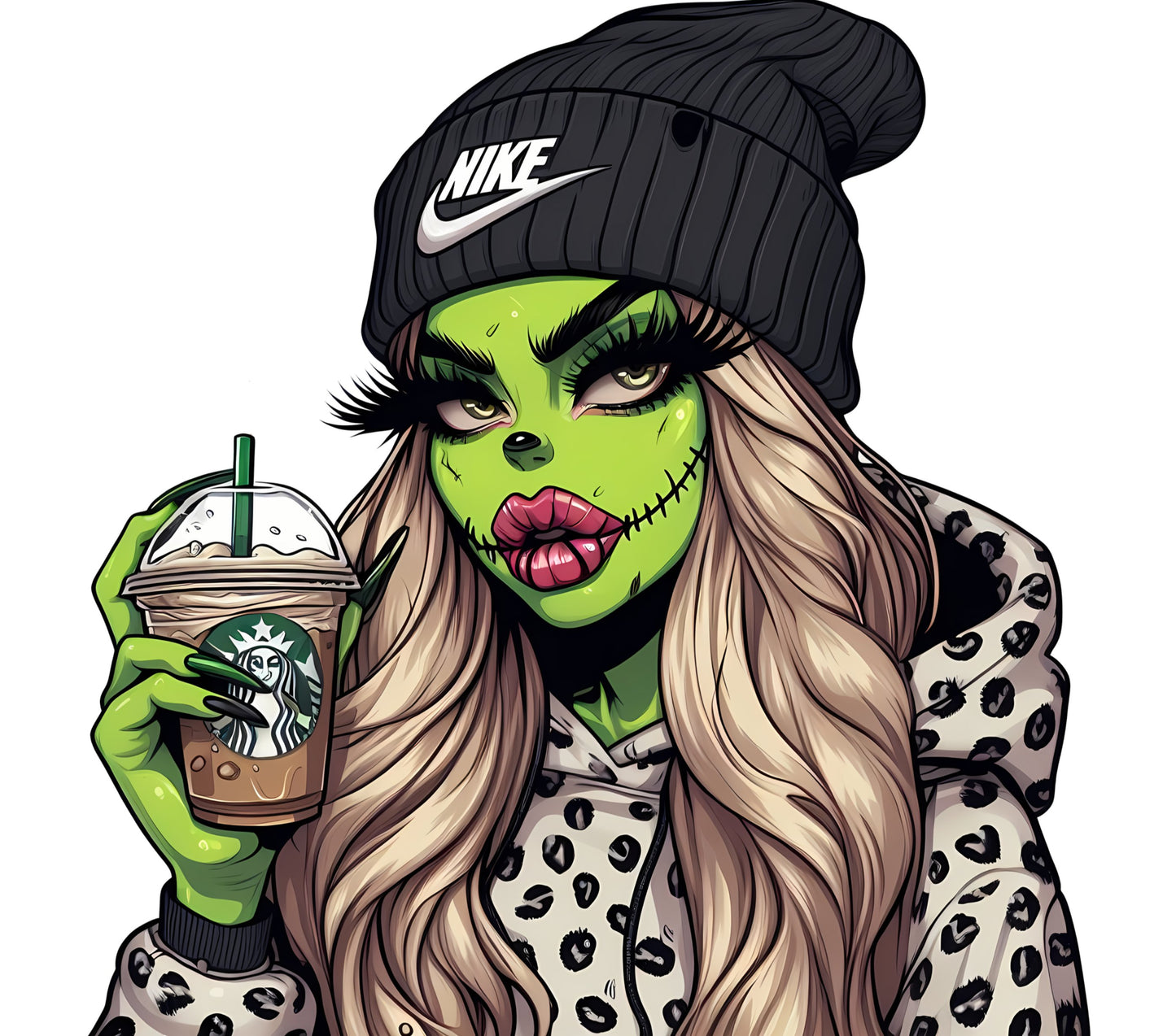 Zombie Girl Holding Starbucks Coffee Art Print, Green Skin, Nike Beanie, Leopard Jacket Fashion Illustration
