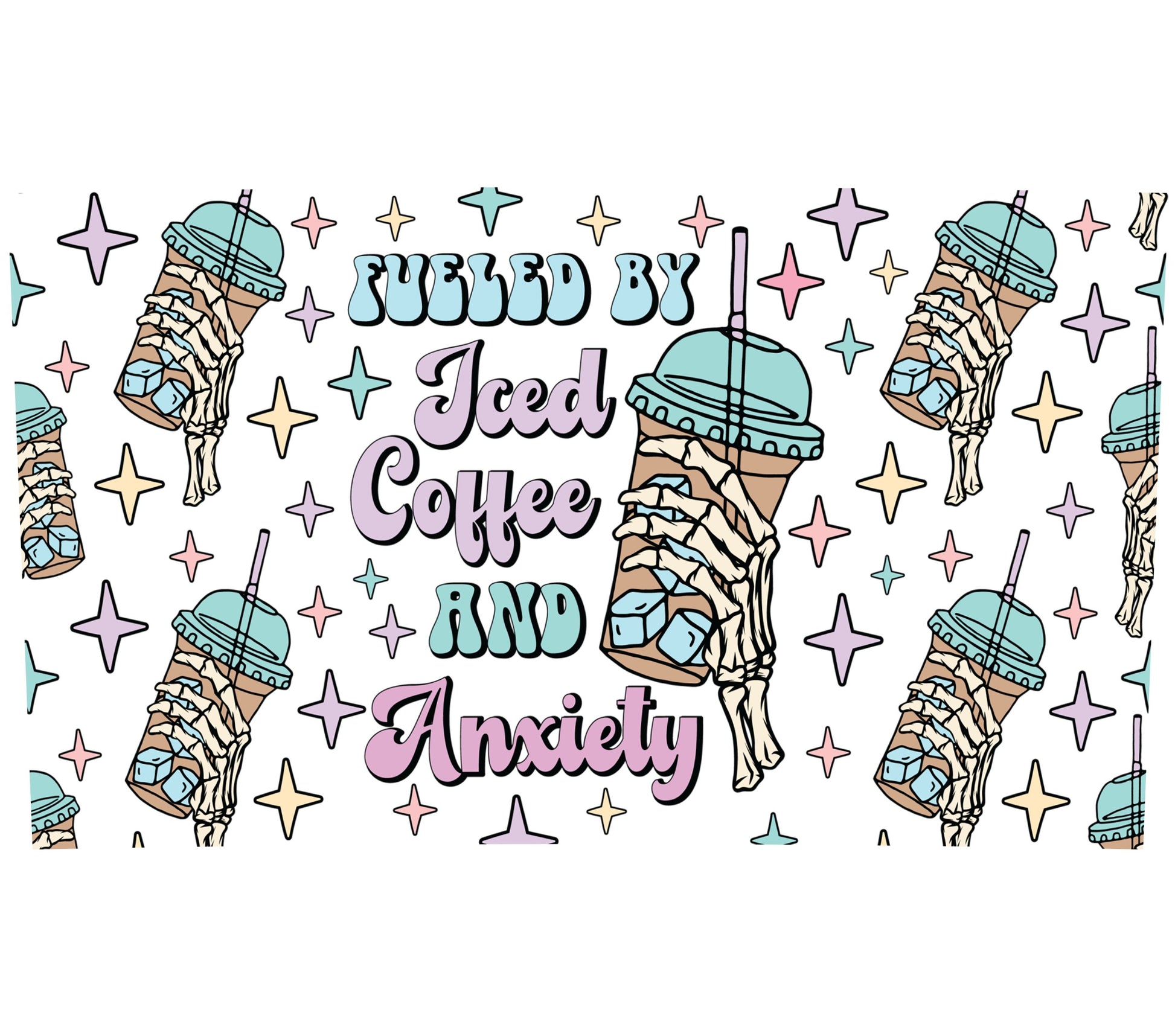 Iced Coffee and Anxiety Sticker, Cute Laptop Decal, Trendy Tumbler Vinyl Sticker, Cool Drink Graphics, Pastel Star Accents, Fun Gift Idea