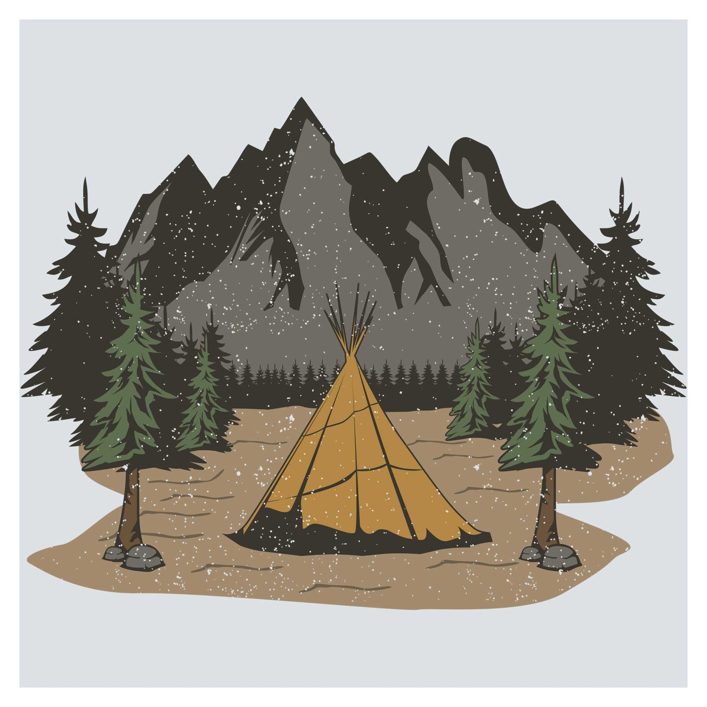 a teepee in the middle of a forest with mountains in the background