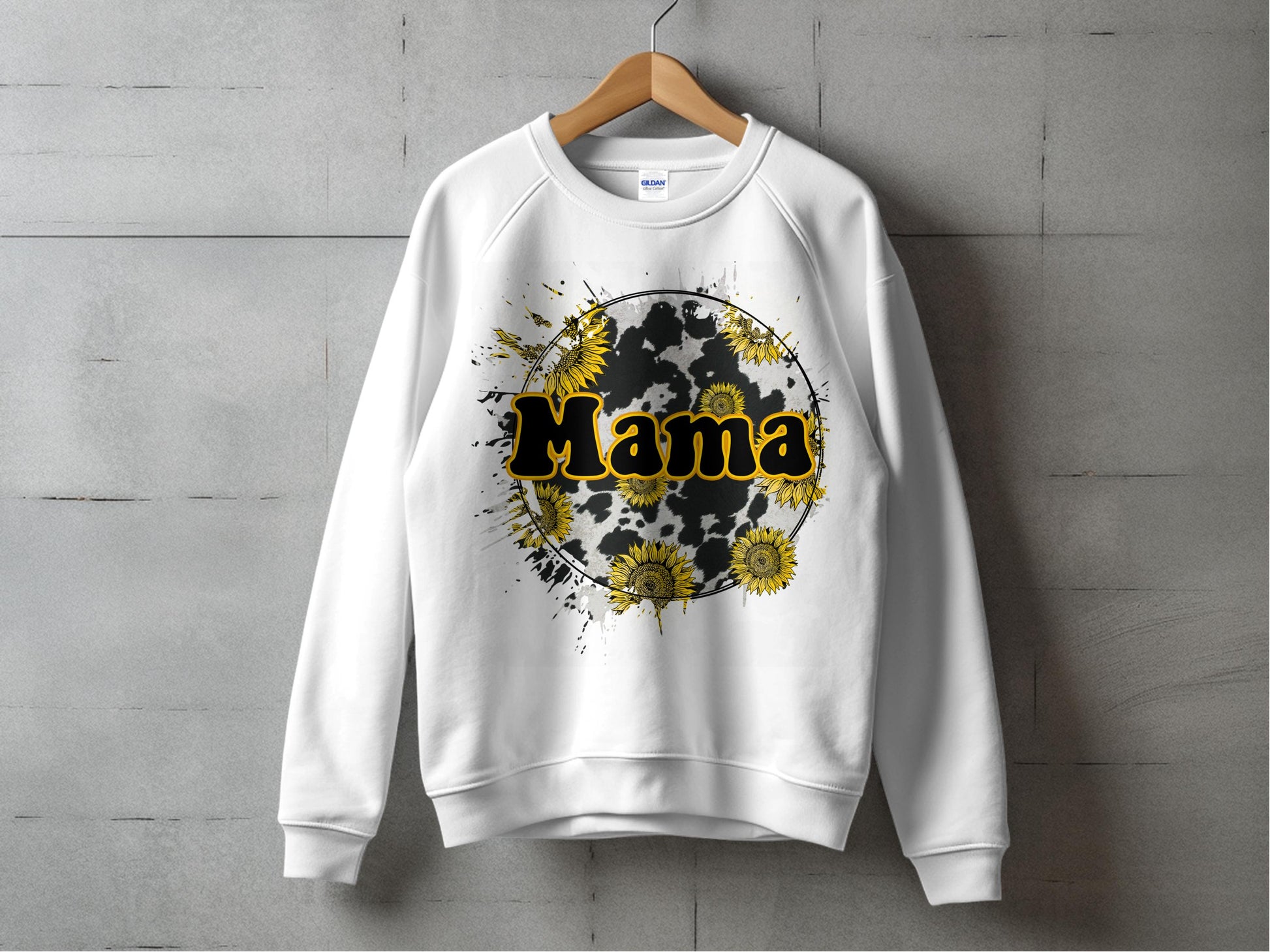 Mama Sunflower Graphic Sweatshirt, Floral Splash Design, Casual White Pullover for Women, Trendy Mom Gift Sweatshirt