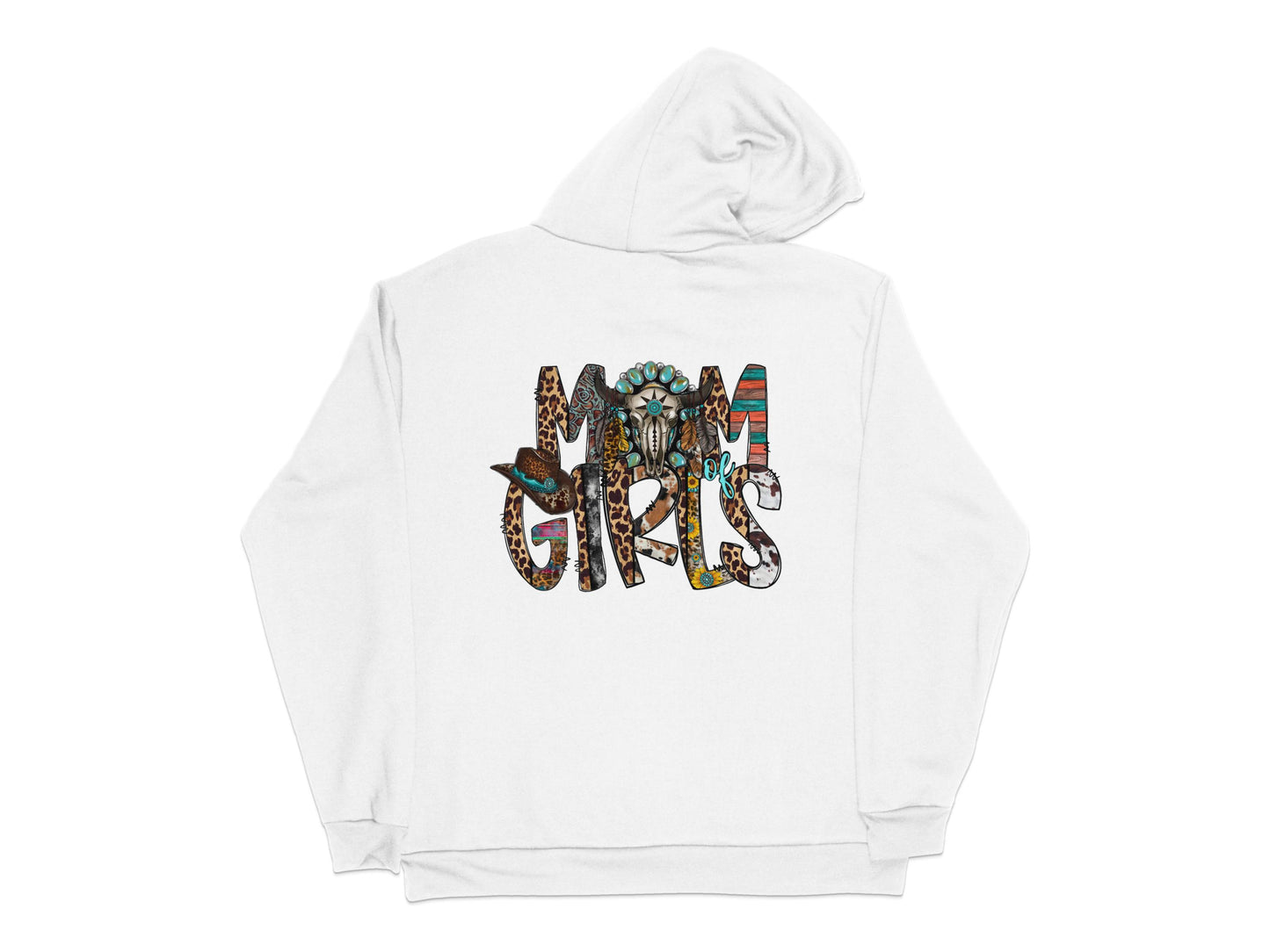 Women's White Hoodie with Colorful Boho 'Girls' Graphic Print, Casual Pullover Sweatshirt