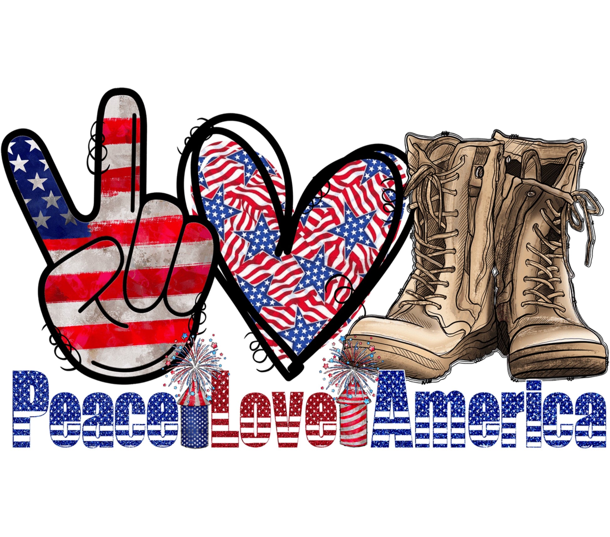 Patriotic Peace Love America Graphic Tee Design, USA Flag, Military Boots, Fireworks, Independence Day Shirt Image