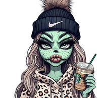 Funky Alien Girl Drinking Starbucks Coffee Illustration, Trendy Urban Hipster Style Art Print, Unique Wall Decor