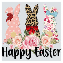 a happy easter card with three bunnies and roses