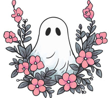 Cute Ghost Illustration Floral Wreath Print, Charming Pink Flowers Art, Whimsical Ghost Decor, Digital Download Nursery Art