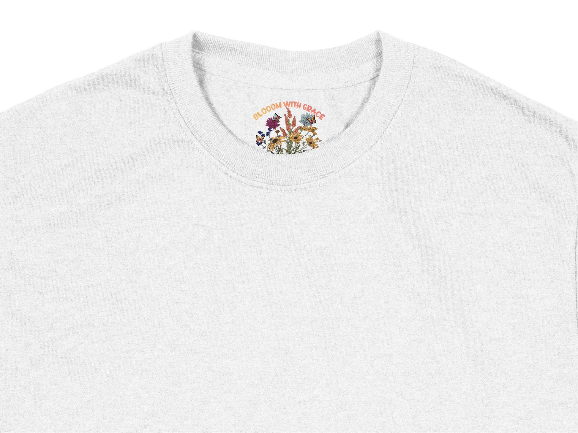 Grey T-Shirt with Floral 'Bloom with Grace' Motif, Vintage Inspired Flower Graphic Tee, Soft Cotton Casual Wear for Women and Men