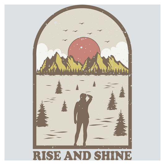 a man standing in front of a window with the words rise and shine on it