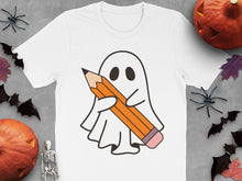 Cute Ghost Holding Pencil T-Shirt, Halloween Costume Tee, Spooky Graphic Shirt, Fall Festival Apparel