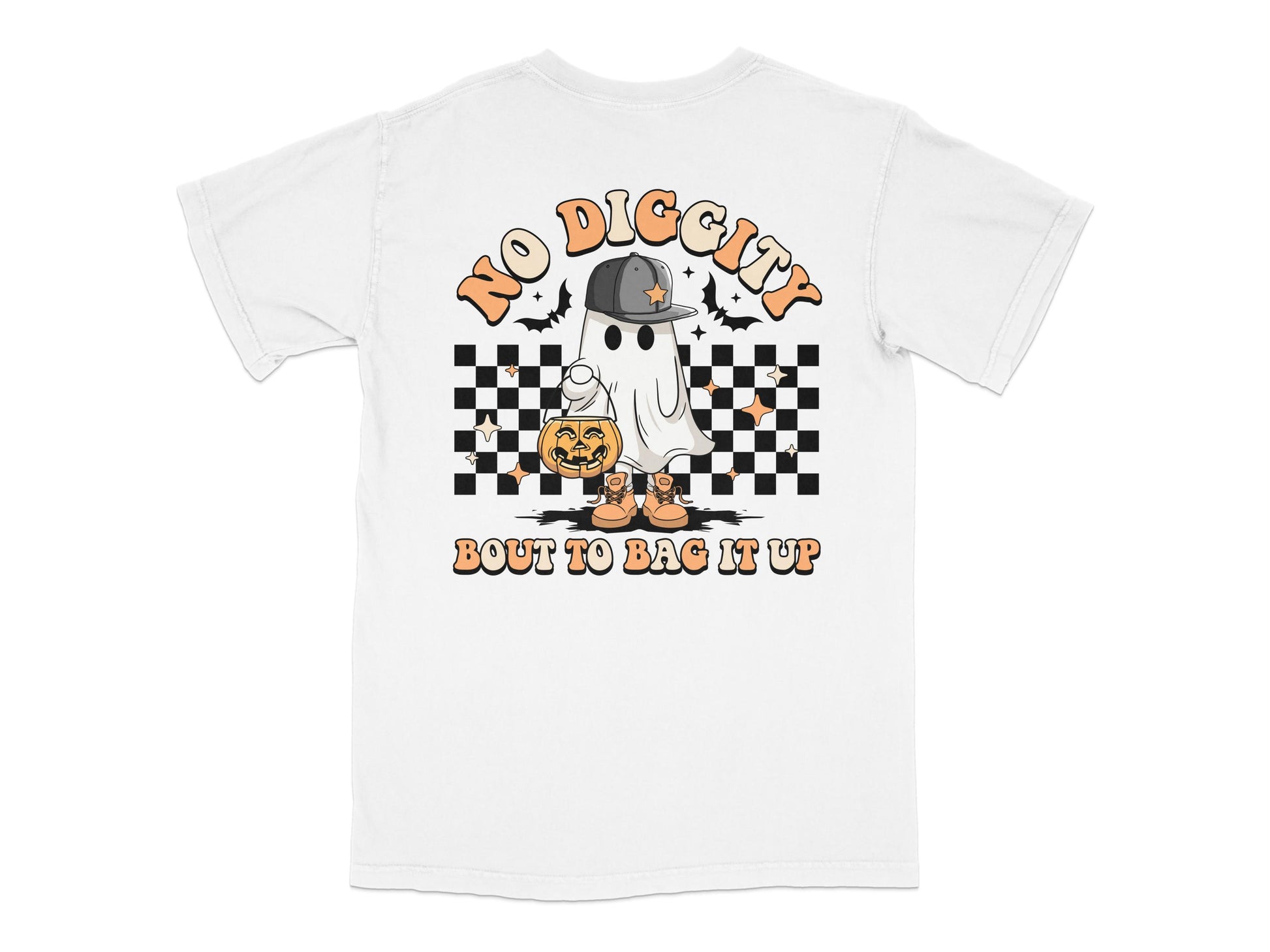 Halloween Ghost T-Shirt 'No Diggity Bout to Bag It Up' Funny Graphic Tee, Casual Unisex White Shirt