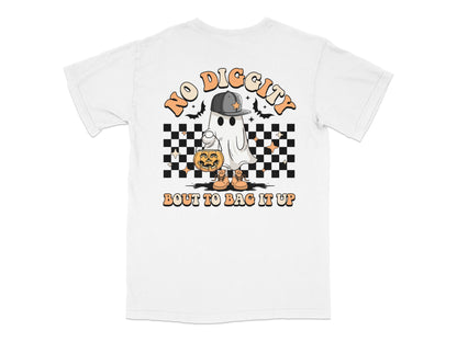 Halloween Ghost T-Shirt 'No Diggity Bout to Bag It Up' Funny Graphic Tee, Casual Unisex White Shirt