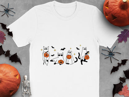 Halloween Themed T-Shirt Cute Cats in Costumes Ghost Pumpkins Spiders Bats Unisex Tee