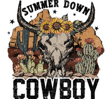 Rustic Summer Down Cowboy Skull T-Shirt, Western Cow Skull with Sunflowers, Cactus Graphic Tee, Boho Desert Style Apparel