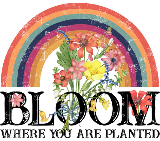 Bloom Where You Are Planted Rainbow Floral Wall Art, Colorful Nursery Decor, Inspirational Quote Print