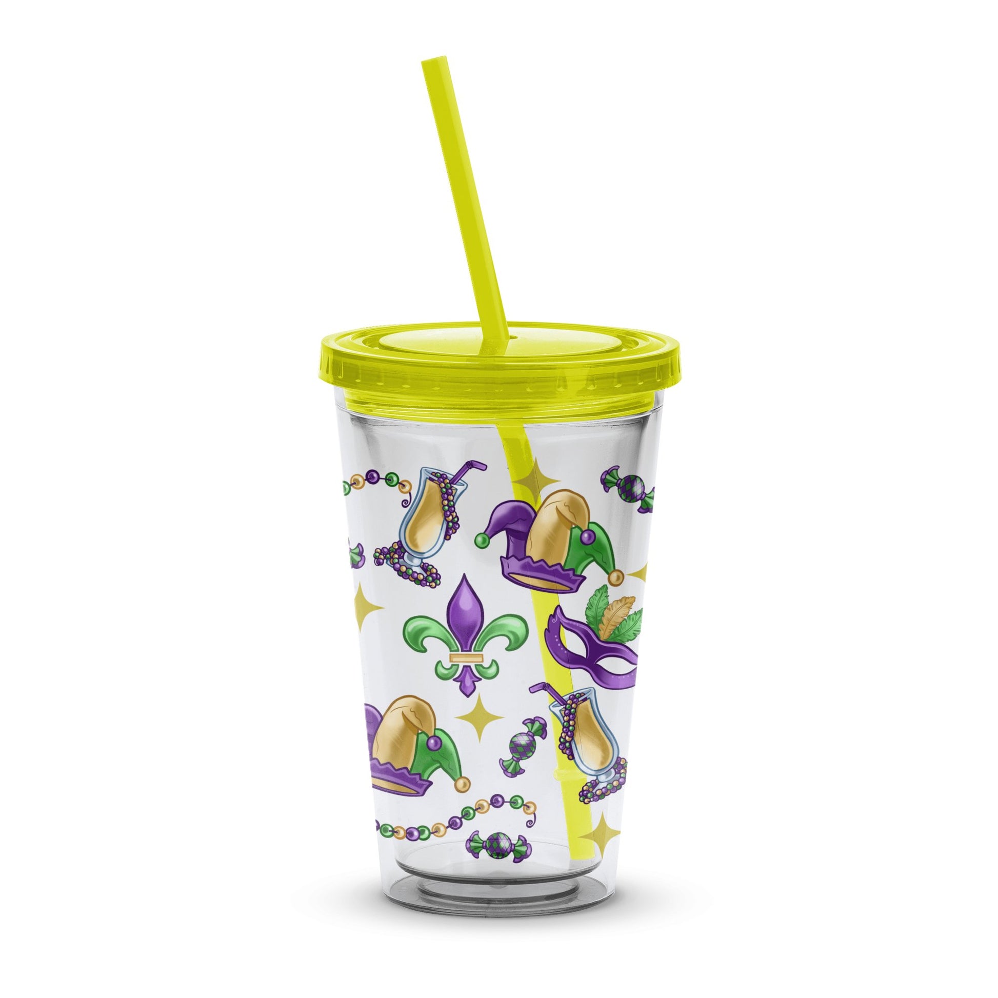 Mardi Gras Themed Tumbler with Lid and Straw, Colorful Beads and Masks Print, Insulated Drinkware for Party