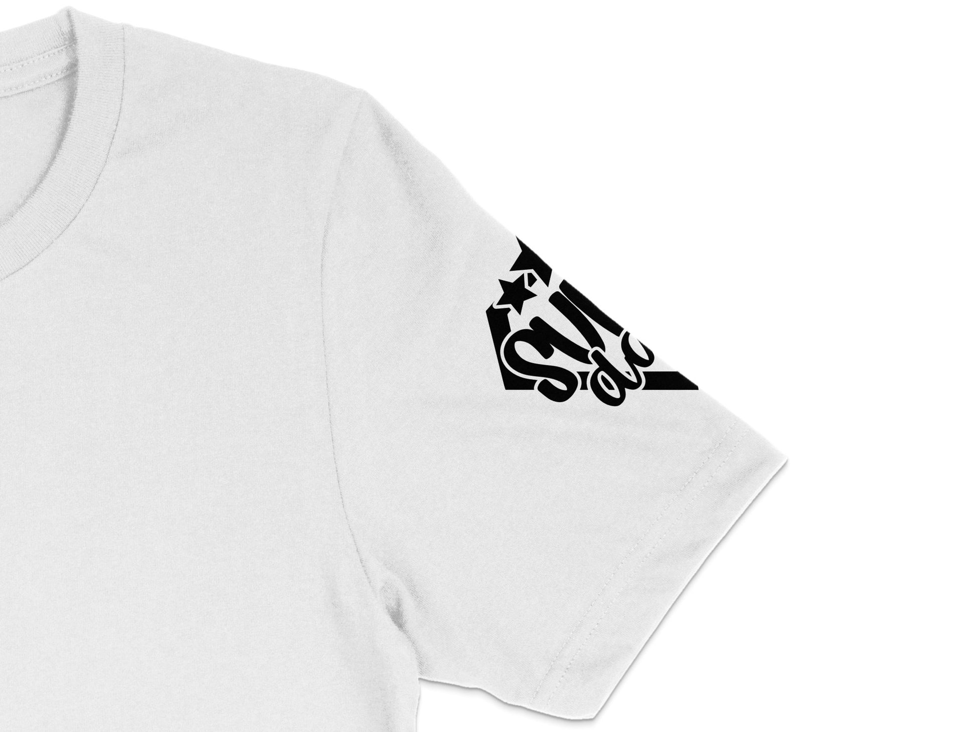 Stylish White T-Shirt with Black Graphic Design, Stars and Text, Casual Wear