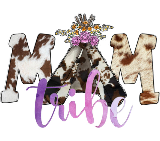 Cow Print Letter MOM Tribe Graphic Tee Design, Floral Teepee Women's Shirt Image