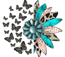 Bohemian Turquoise Flower Wall Art, Colorful Butterfly Decor, Mixed Media Floral Print, Home Decoration
