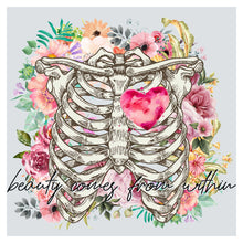 a drawing of a skeleton with a heart in the middle of it
